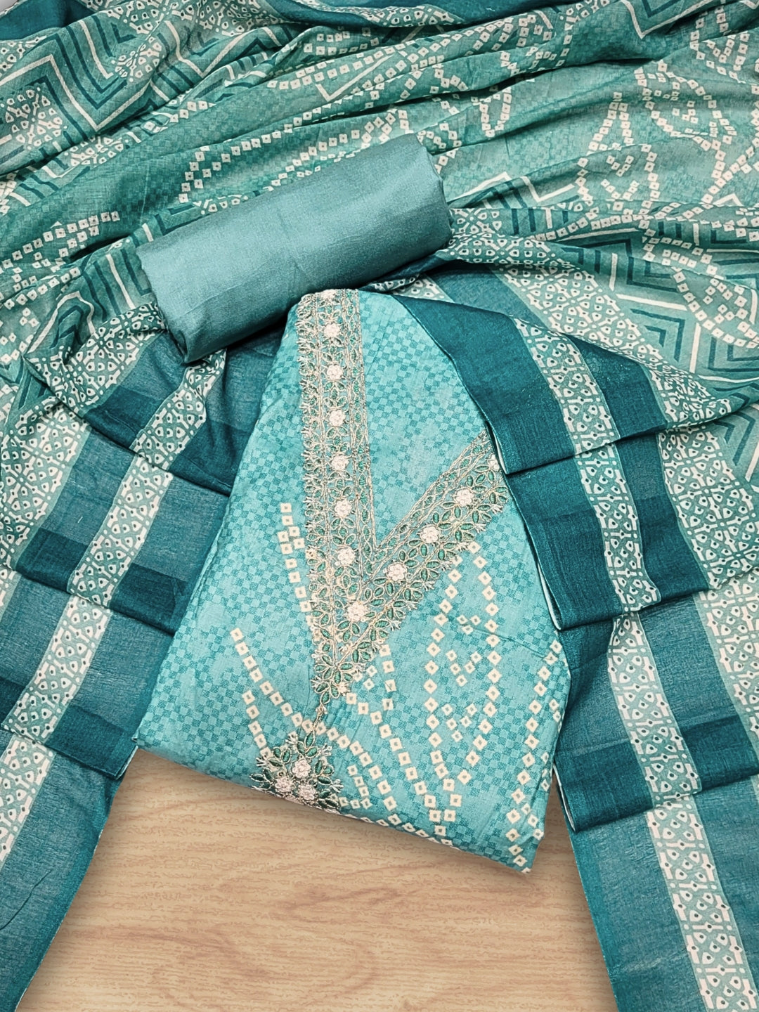 Chhabra 555 Bandhani Checkered Print Cotton Suit Dupatta with Zari Resham Embroidered Neckline