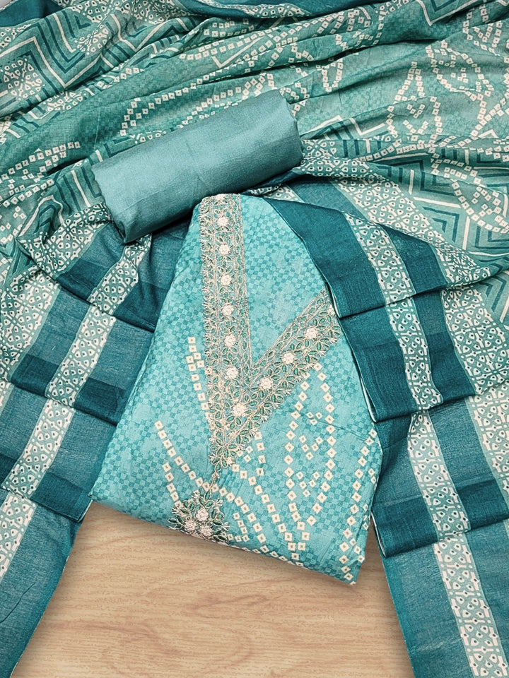 Chhabra 555 Bandhani Checkered Print Cotton Suit Dupatta with Zari Resham Embroidered Neckline