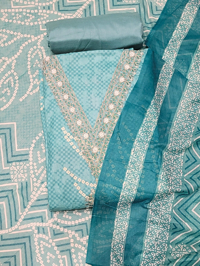 Bandhani Checkered Print Cotton Suit Dupatta with Zari Resham Embroidered Neckline