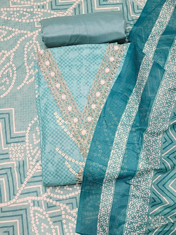 Bandhani Checkered Print Cotton Suit Dupatta with Zari Resham Embroidered Neckline