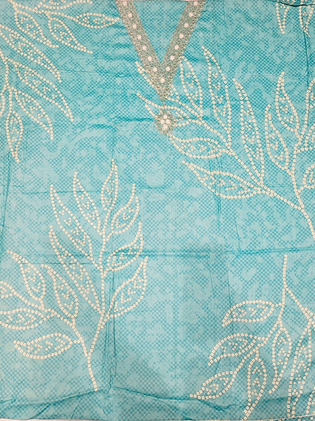 Bandhani Checkered Print Cotton Suit Dupatta with Zari Resham Embroidered Neckline