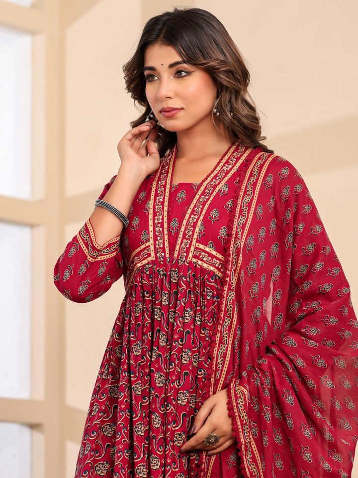 Chhabra 555 Bagru Block Print Alia Style Anarkali Kurta Set with Fringed Dupatta & Floral Motifs