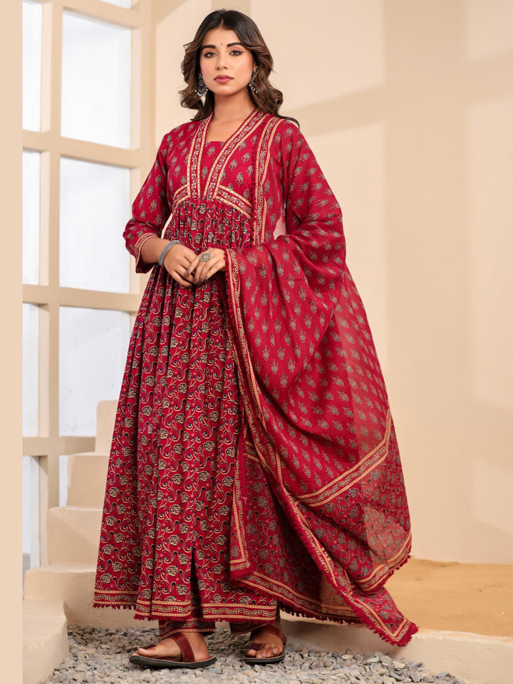 Bagru Block Print Alia Style Anarkali Kurta Set with Fringed Dupatta & Floral Motifs