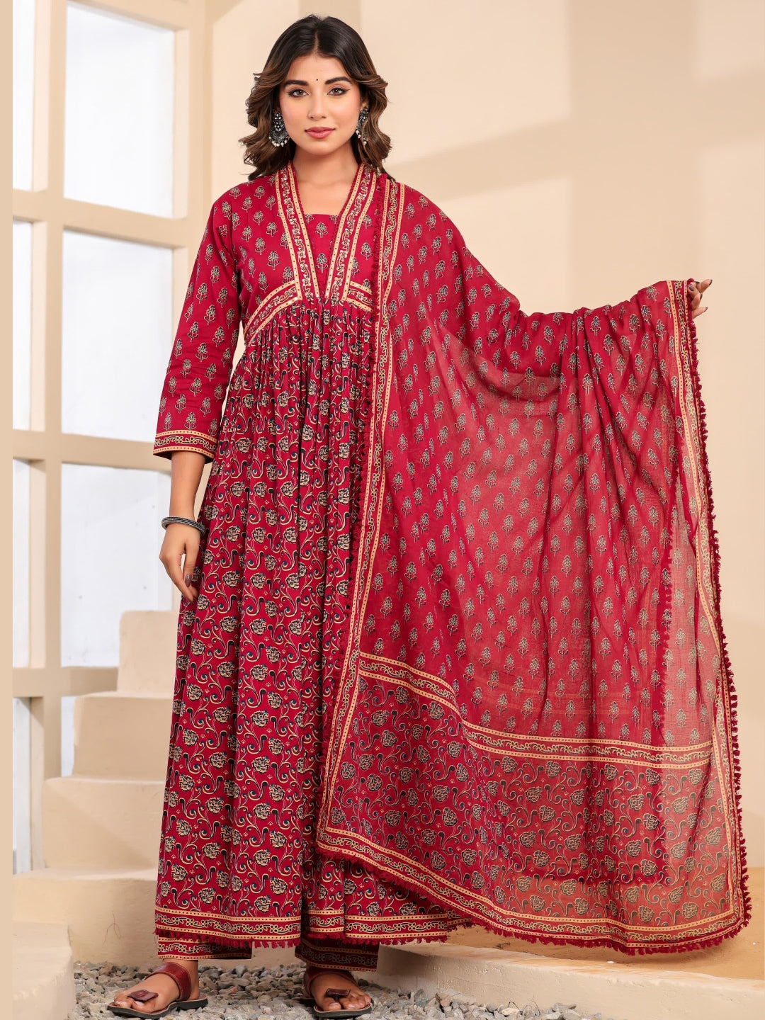 Bagru Block Print Alia Style Anarkali Kurta Set with Fringed Dupatta & Floral Motifs