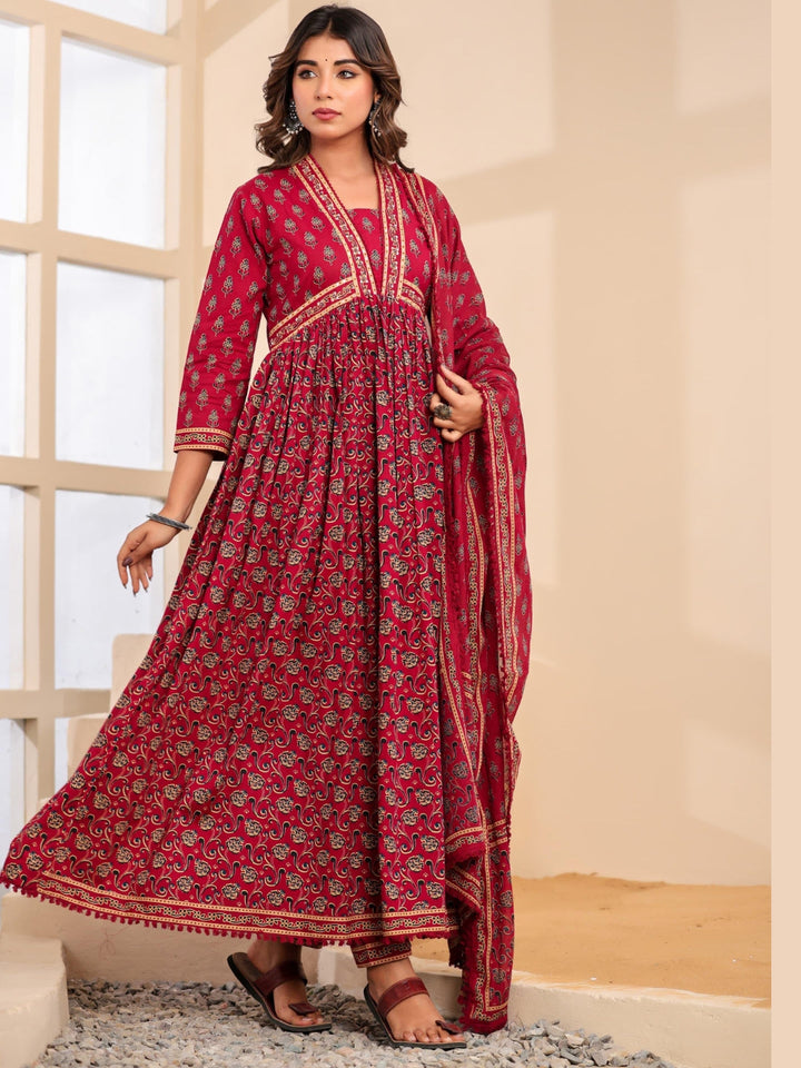 Bagru Block Print Alia Style Anarkali Kurta Set with Fringed Dupatta & Floral Motifs