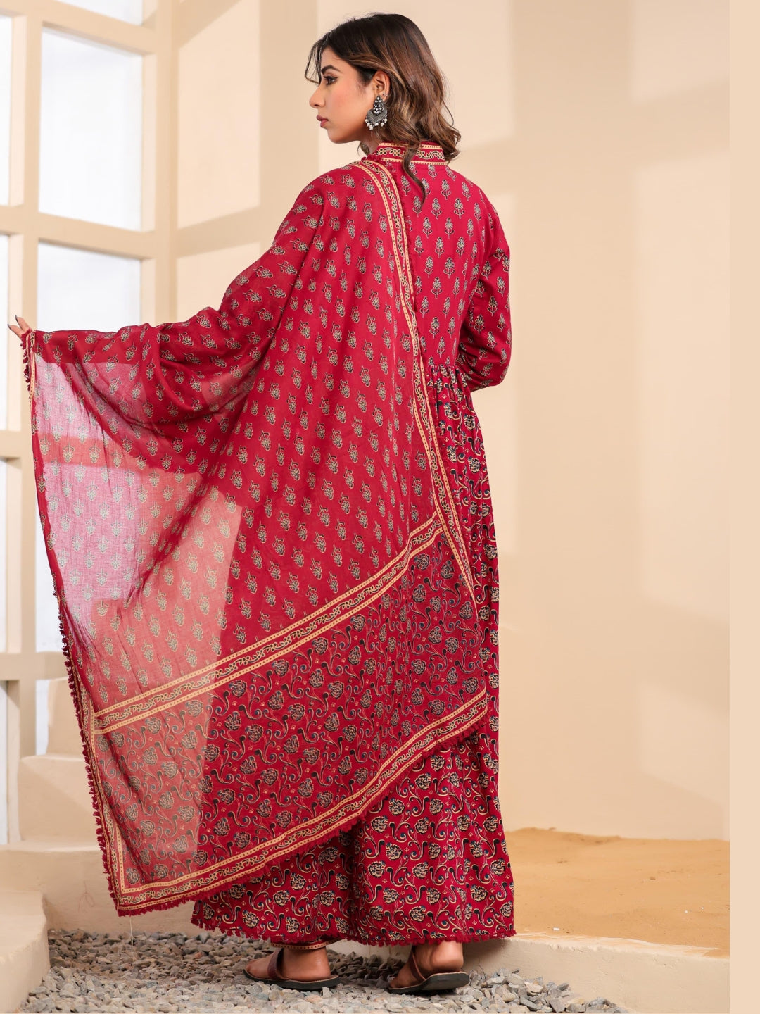 Bagru Block Print Alia Style Anarkali Kurta Set with Fringed Dupatta & Floral Motifs