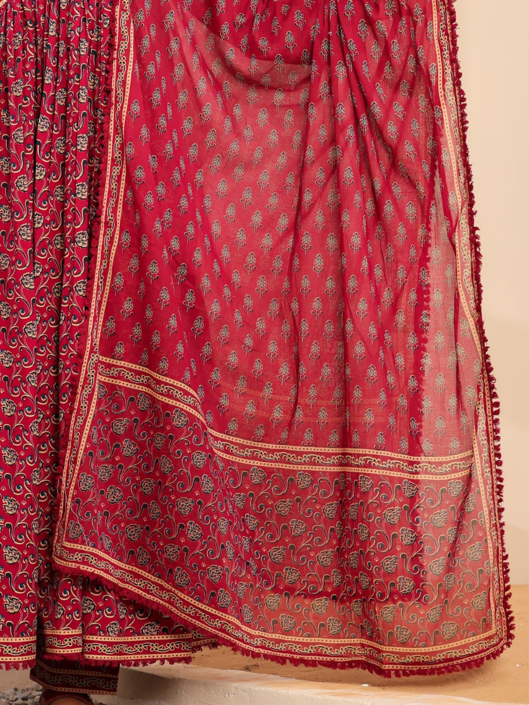Bagru Block Print Alia Style Anarkali Kurta Set with Fringed Dupatta & Floral Motifs
