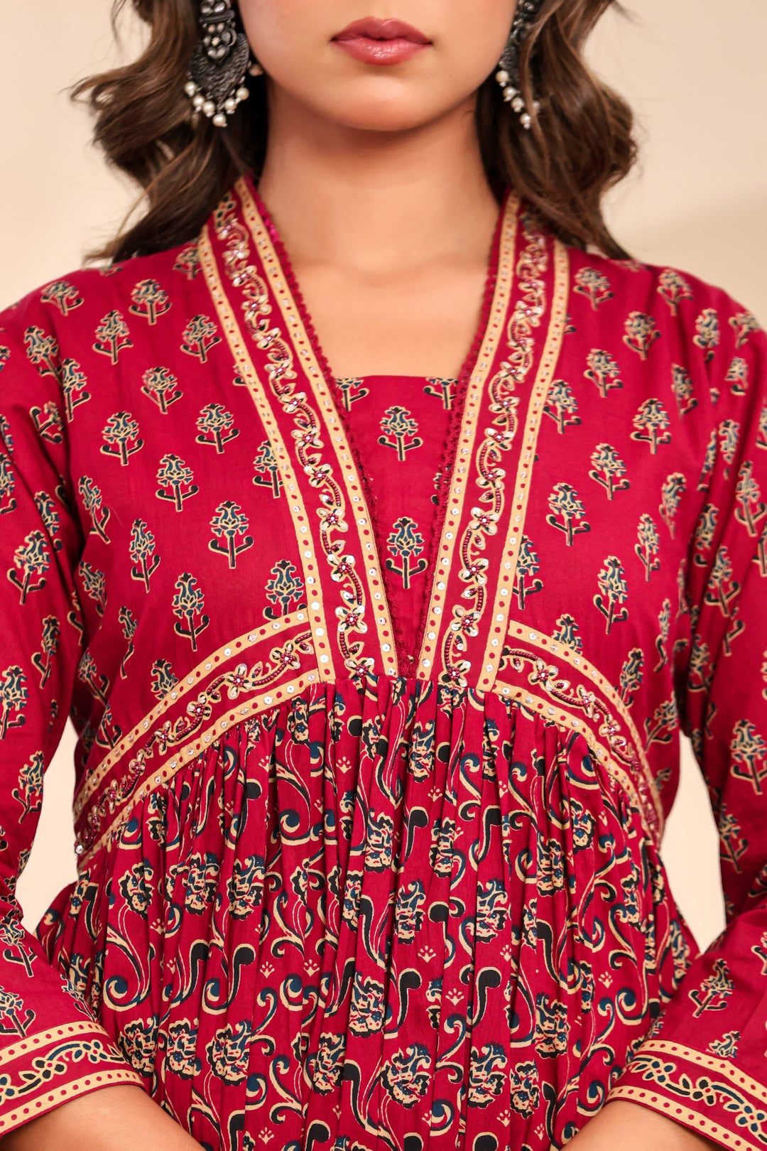 Bagru Block Print Alia Style Anarkali Kurta Set with Fringed Dupatta & Floral Motifs