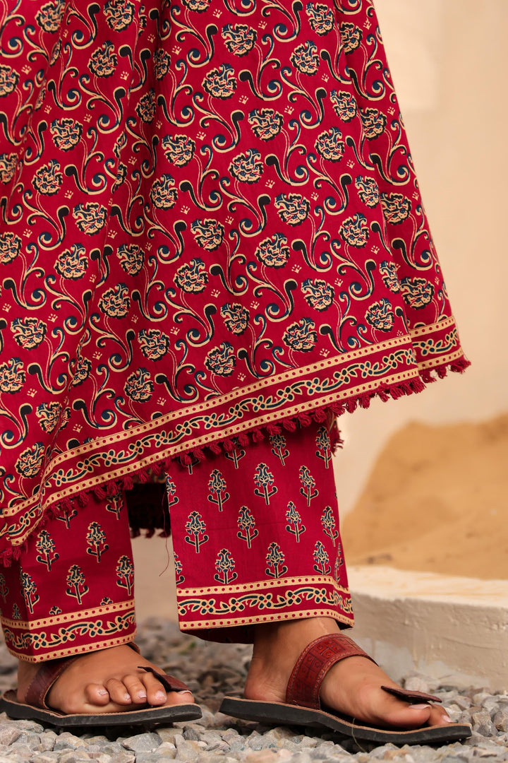 Bagru Block Print Alia Style Anarkali Kurta Set with Fringed Dupatta & Floral Motifs