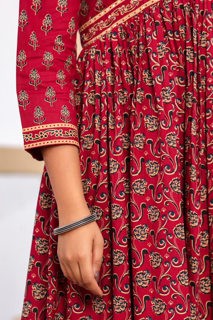Bagru Block Print Alia Style Anarkali Kurta Set with Fringed Dupatta & Floral Motifs