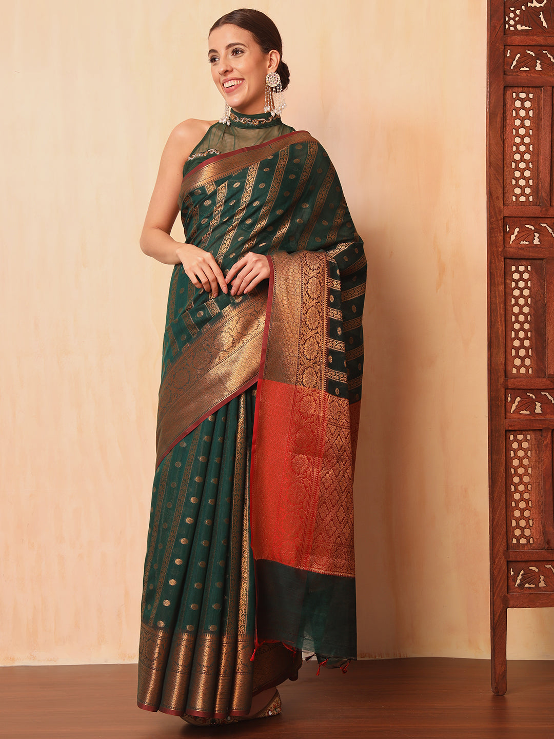 Bottle Green Banarasi Chanderi Saree with Striped Oxidise Zari Weaving