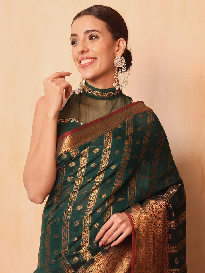 Bottle Green Banarasi Chanderi Saree with Striped Oxidise Zari Weaving