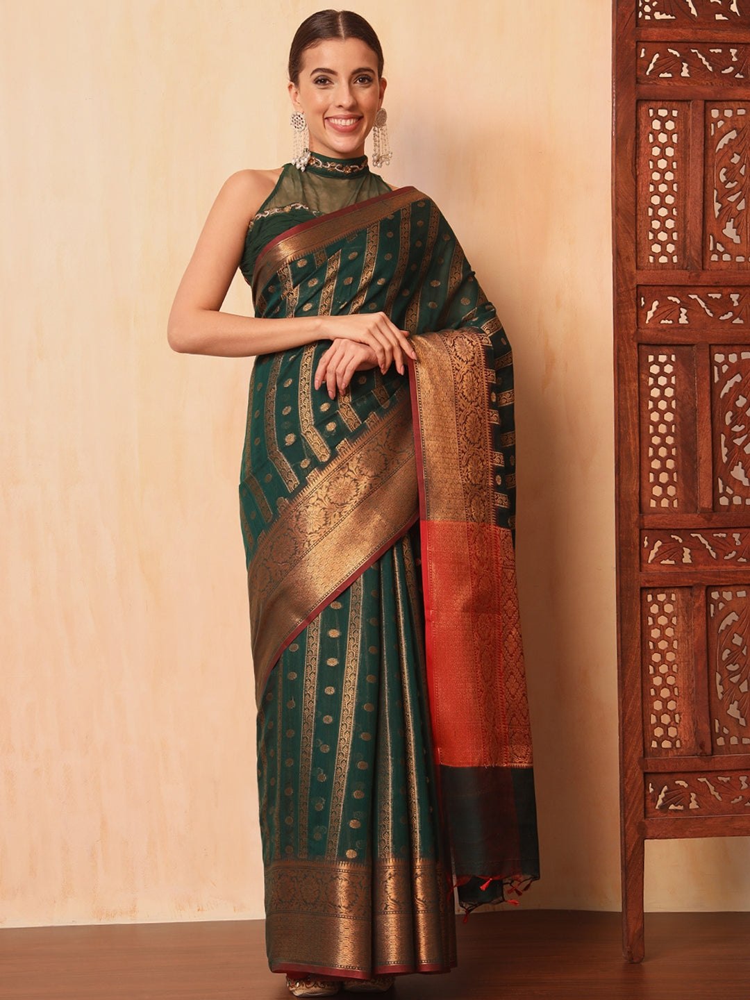 Bottle Green Banarasi Chanderi Saree with Striped Oxidise Zari Weaving