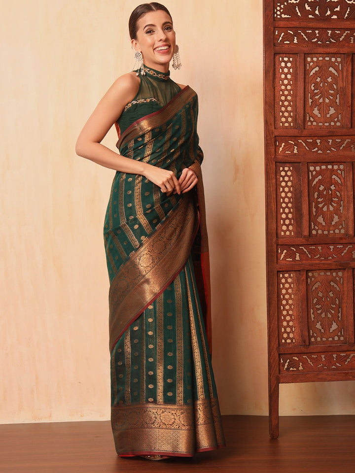 Bottle Green Banarasi Chanderi Saree with Striped Oxidise Zari Weaving