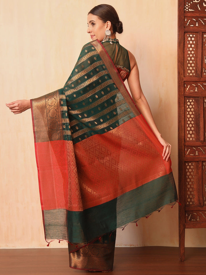 Bottle Green Banarasi Chanderi Saree with Striped Oxidise Zari Weaving