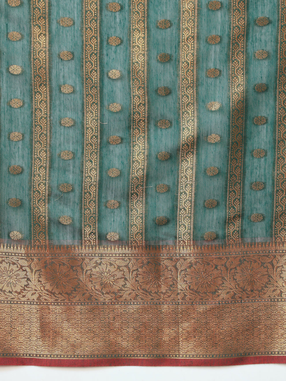 Bottle Green Banarasi Chanderi Saree with Striped Oxidise Zari Weaving