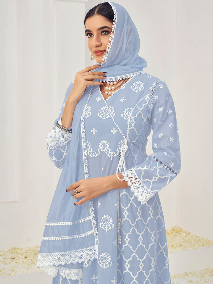 Chhabra 555 Thread Embroidered Chikankari Angrakha Kurta Set with Floral Motifs & Schiffli Laces