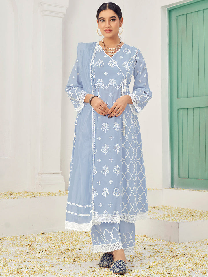 Thread Embroidered Chikankari Angrakha Kurta Set with Floral Motifs & Schiffli Laces