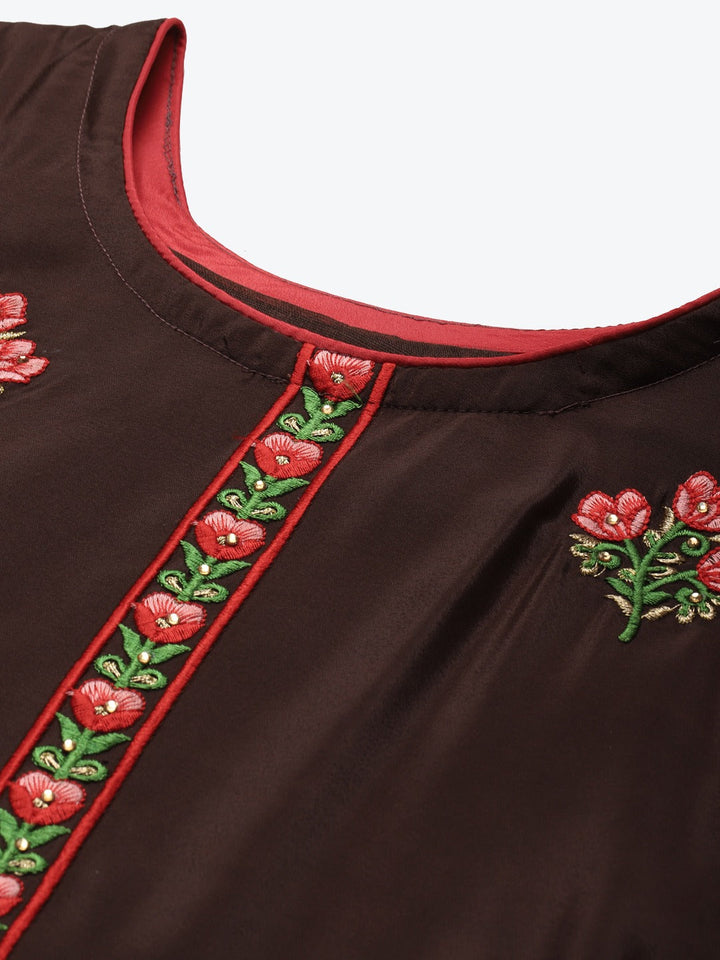 Brown Resham Embroidered Crape Dress Material with Contrast Dupatta