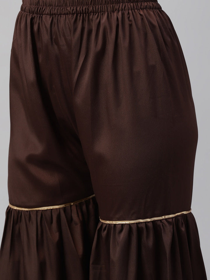 Brown Resham Embroidered Crape Dress Material with Contrast Dupatta