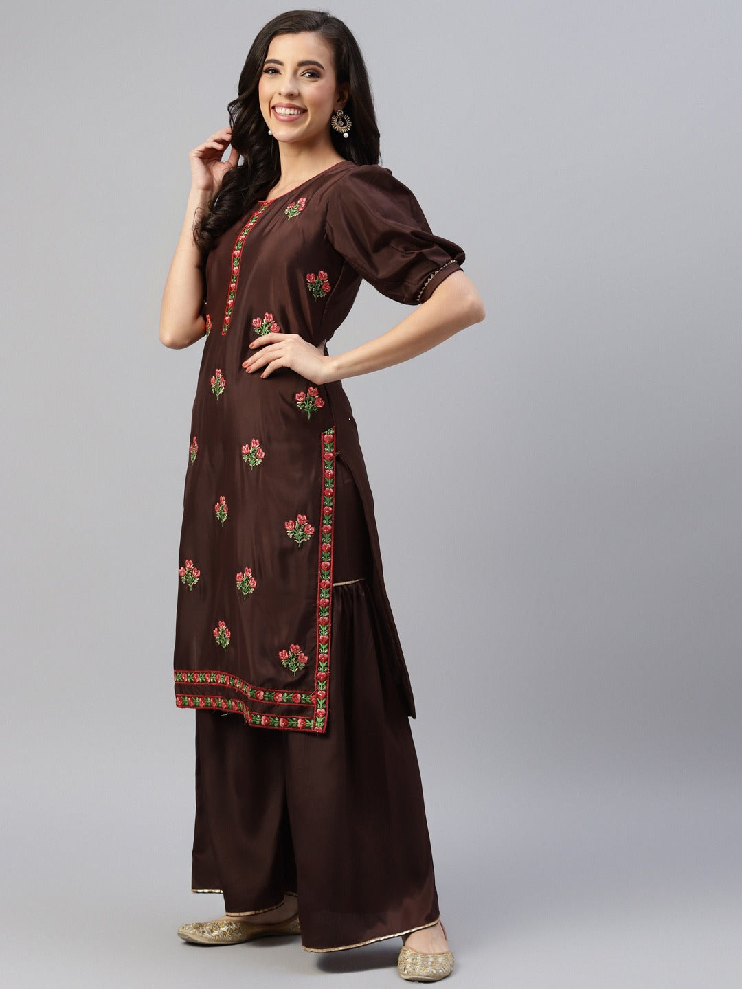 Brown Resham Embroidered Crape Dress Material with Contrast Dupatta