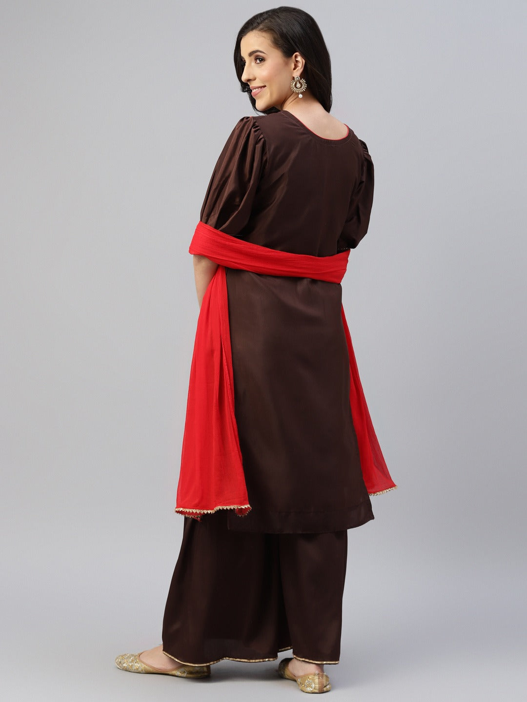 Brown Resham Embroidered Crape Dress Material with Contrast Dupatta