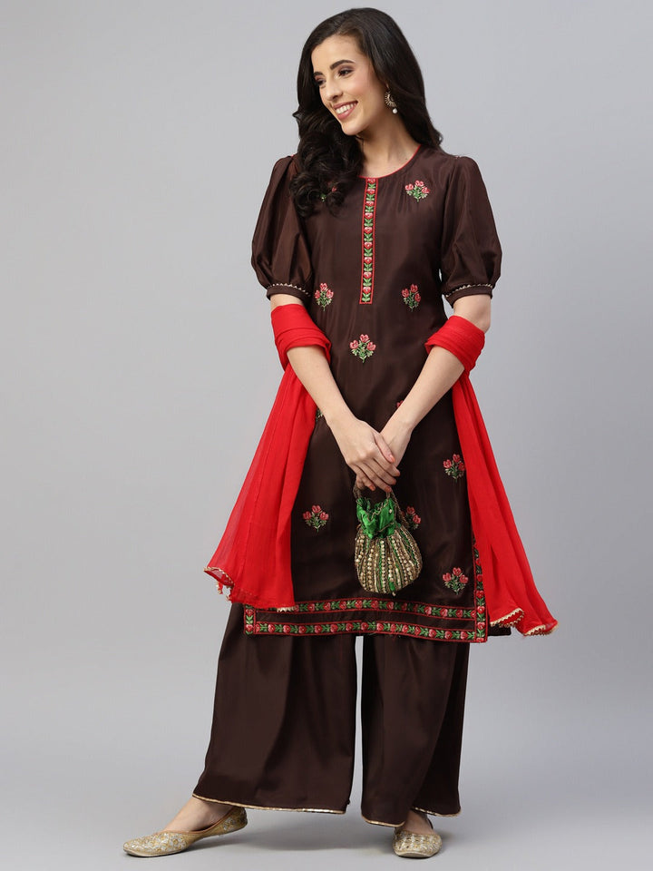 Brown Resham Embroidered Crape Dress Material with Contrast Dupatta