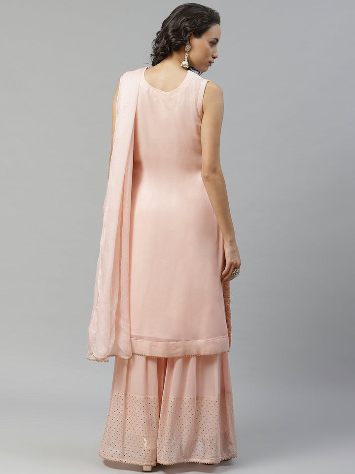 Pink Chicken Embroidered Georgette Kurta Set with Mukaish Sharara & Gota Chiffon Dupatta
