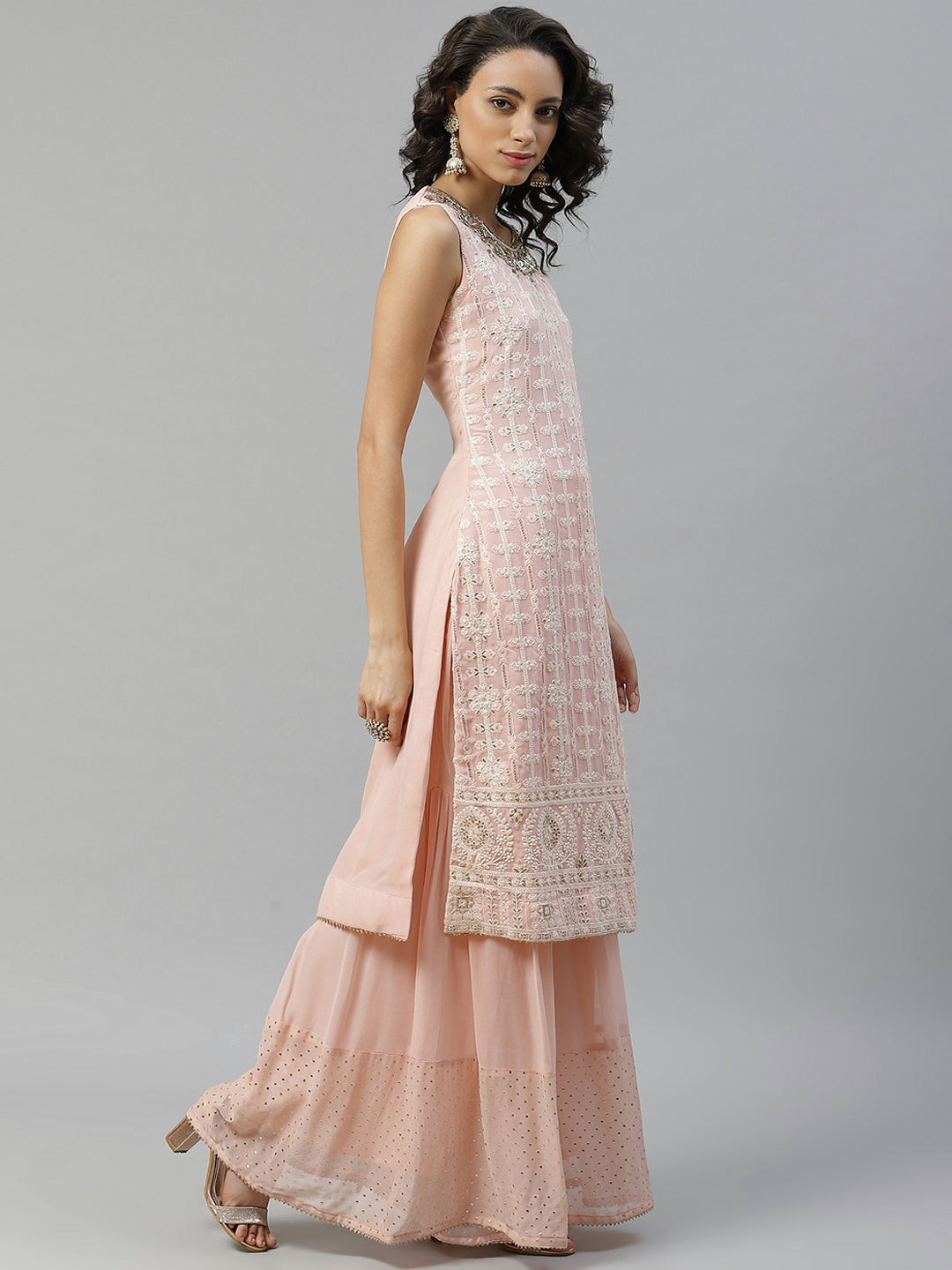 Pink Chicken Embroidered Georgette Kurta Set with Mukaish Sharara & Gota Chiffon Dupatta