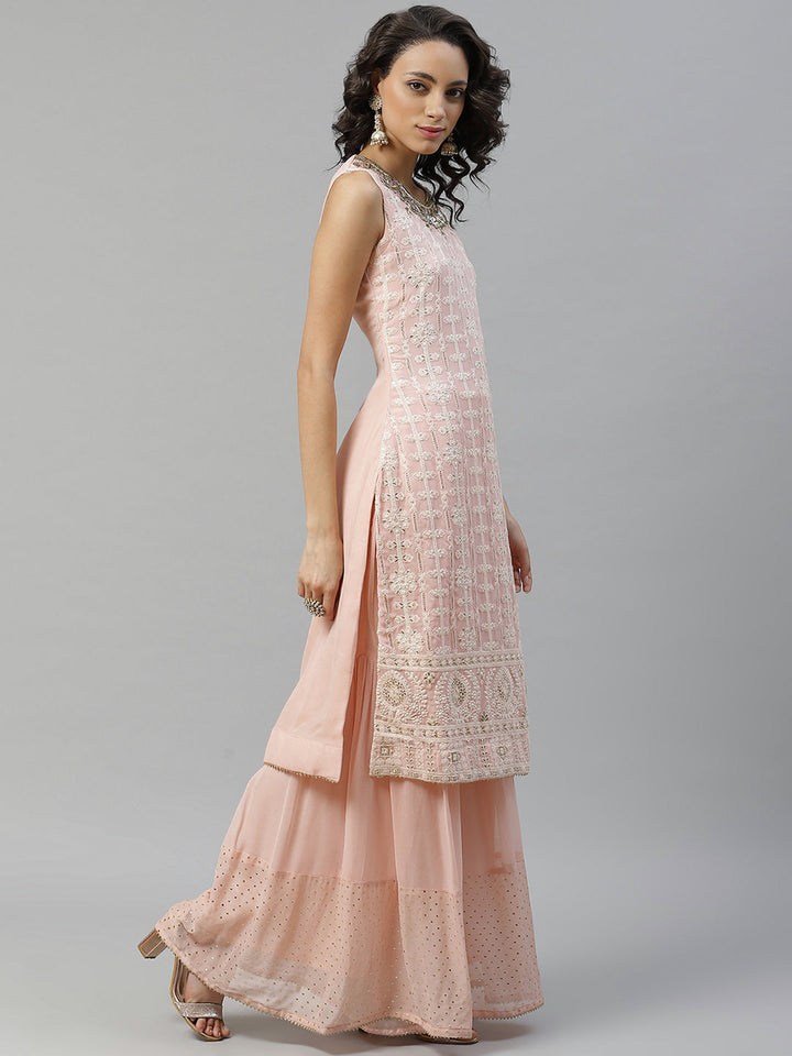 Pink Chicken Embroidered Georgette Kurta Set with Mukaish Sharara & Gota Chiffon Dupatta
