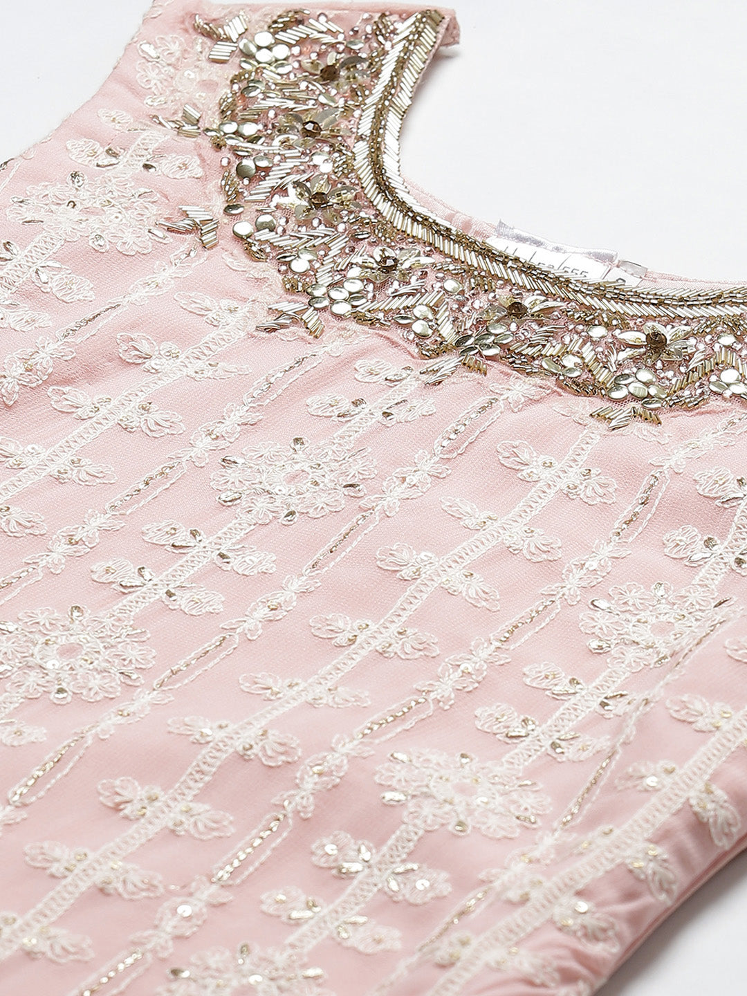 Pink Chicken Embroidered Georgette Kurta Set with Mukaish Sharara & Gota Chiffon Dupatta