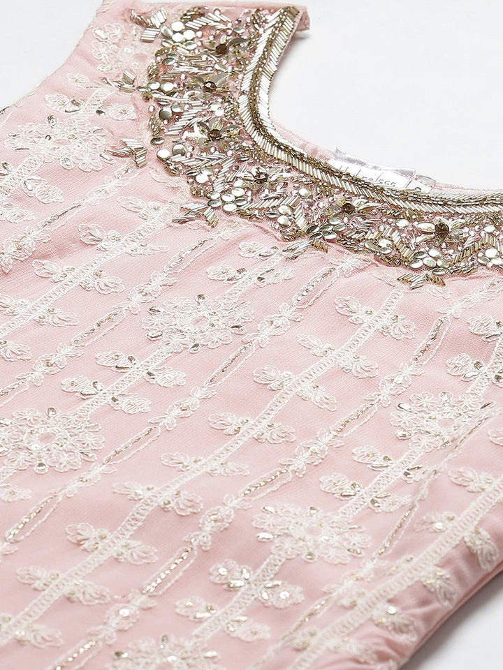 Pink Chicken Embroidered Georgette Kurta Set with Mukaish Sharara & Gota Chiffon Dupatta