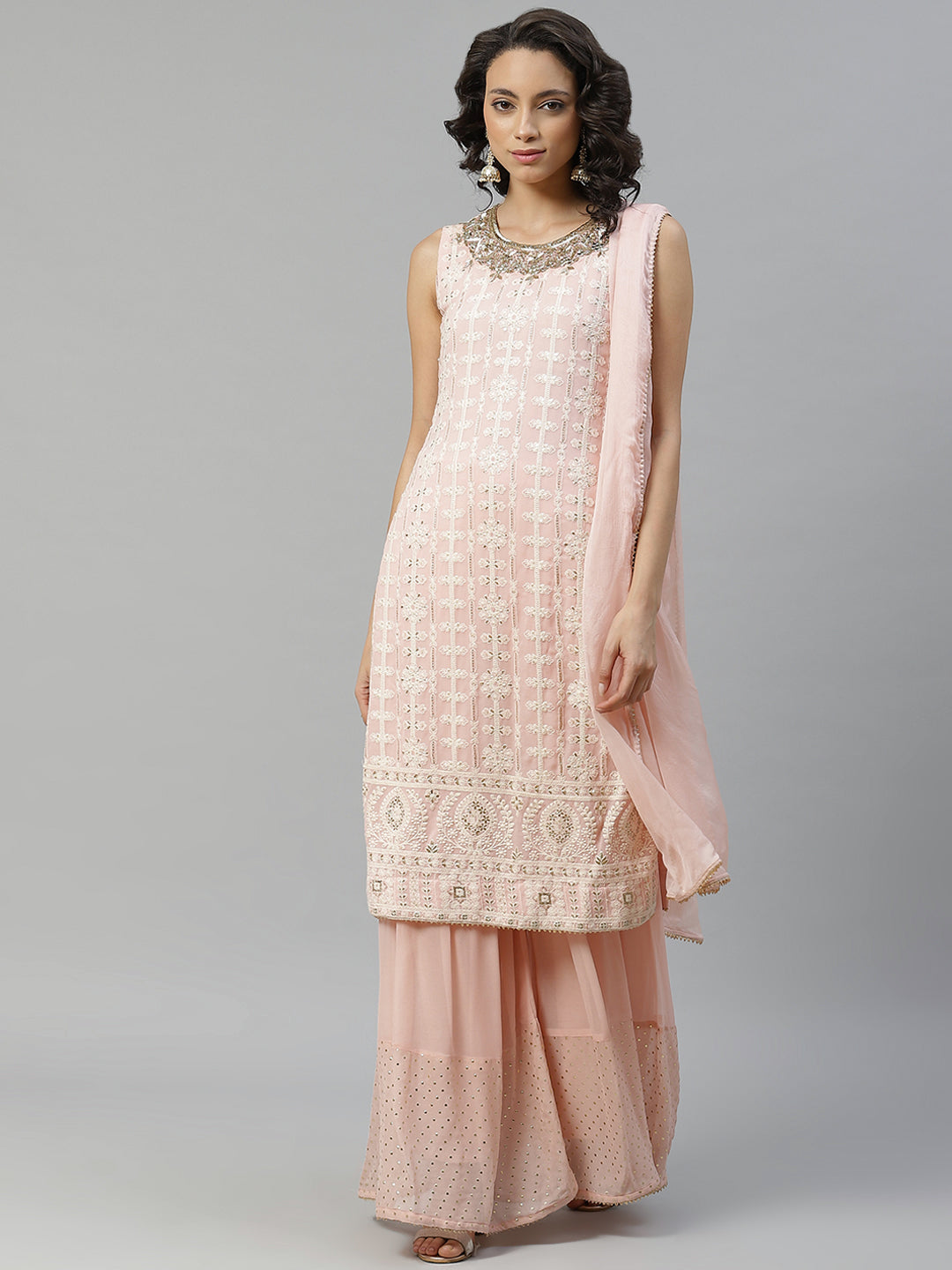 Pink Chicken Embroidered Georgette Kurta Set with Mukaish Sharara & Gota Chiffon Dupatta