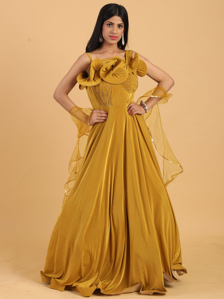 Mustard Yellow Embellished Cocktail Gown with Dupatta