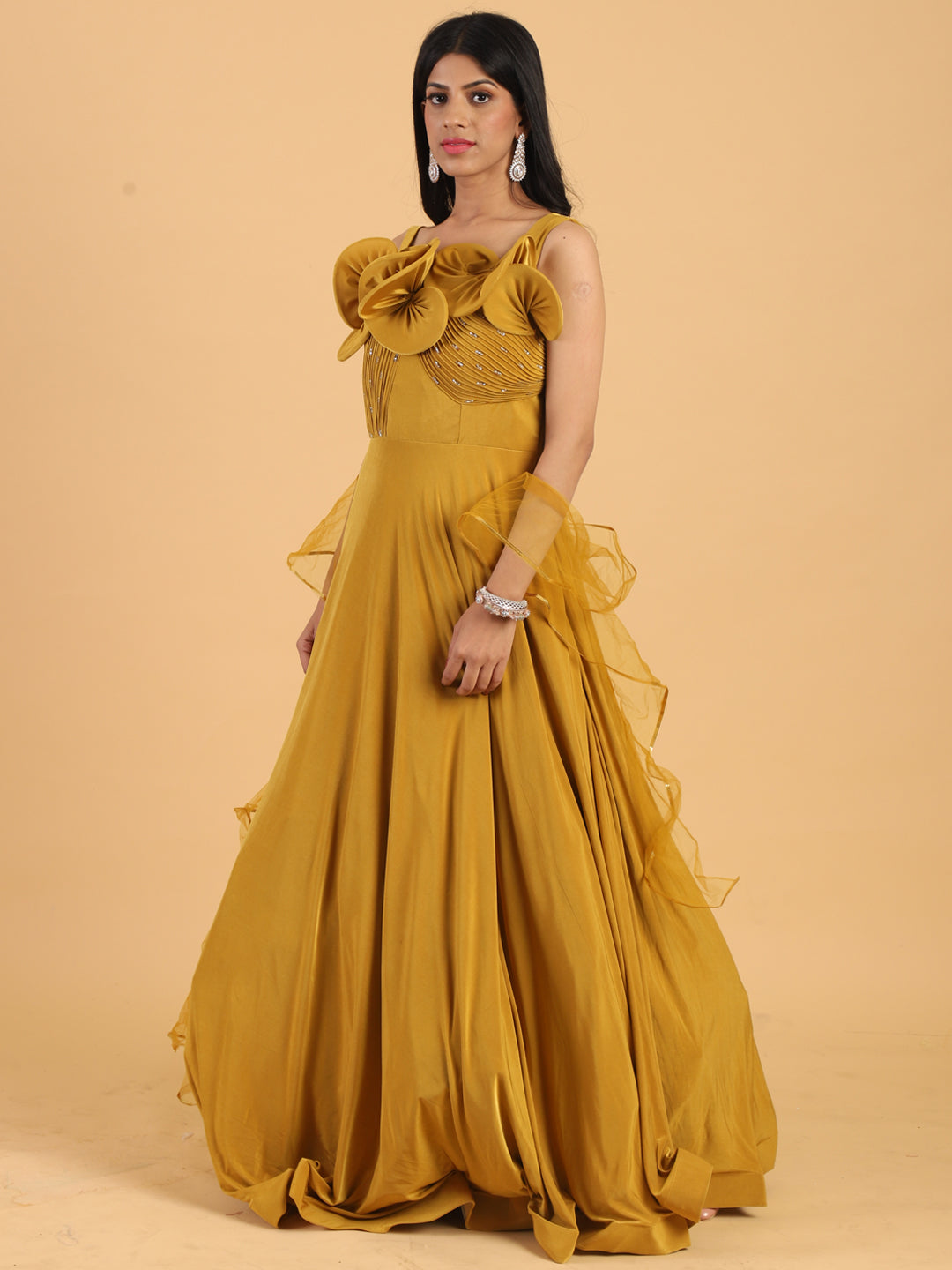 Mustard Yellow Embellished Cocktail Gown with Dupatta