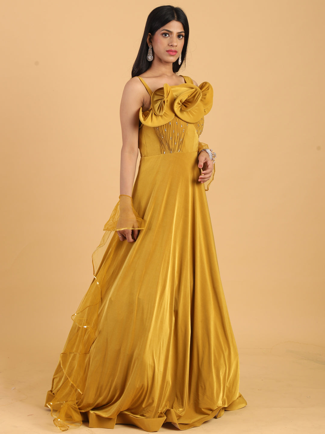 Mustard Yellow Embellished Cocktail Gown with Dupatta