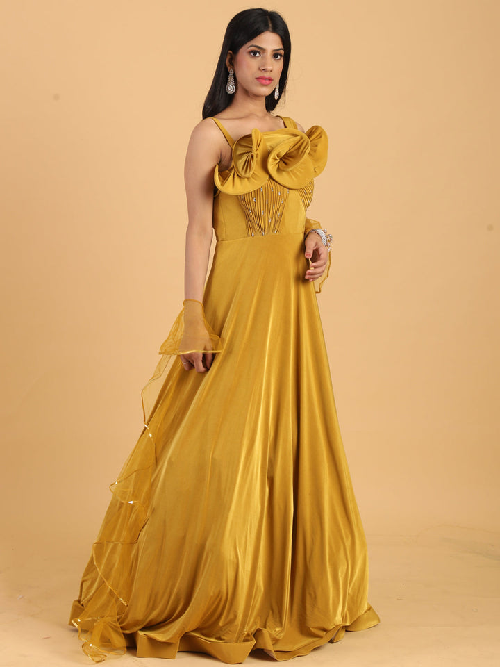 Mustard Yellow Embellished Cocktail Gown with Dupatta