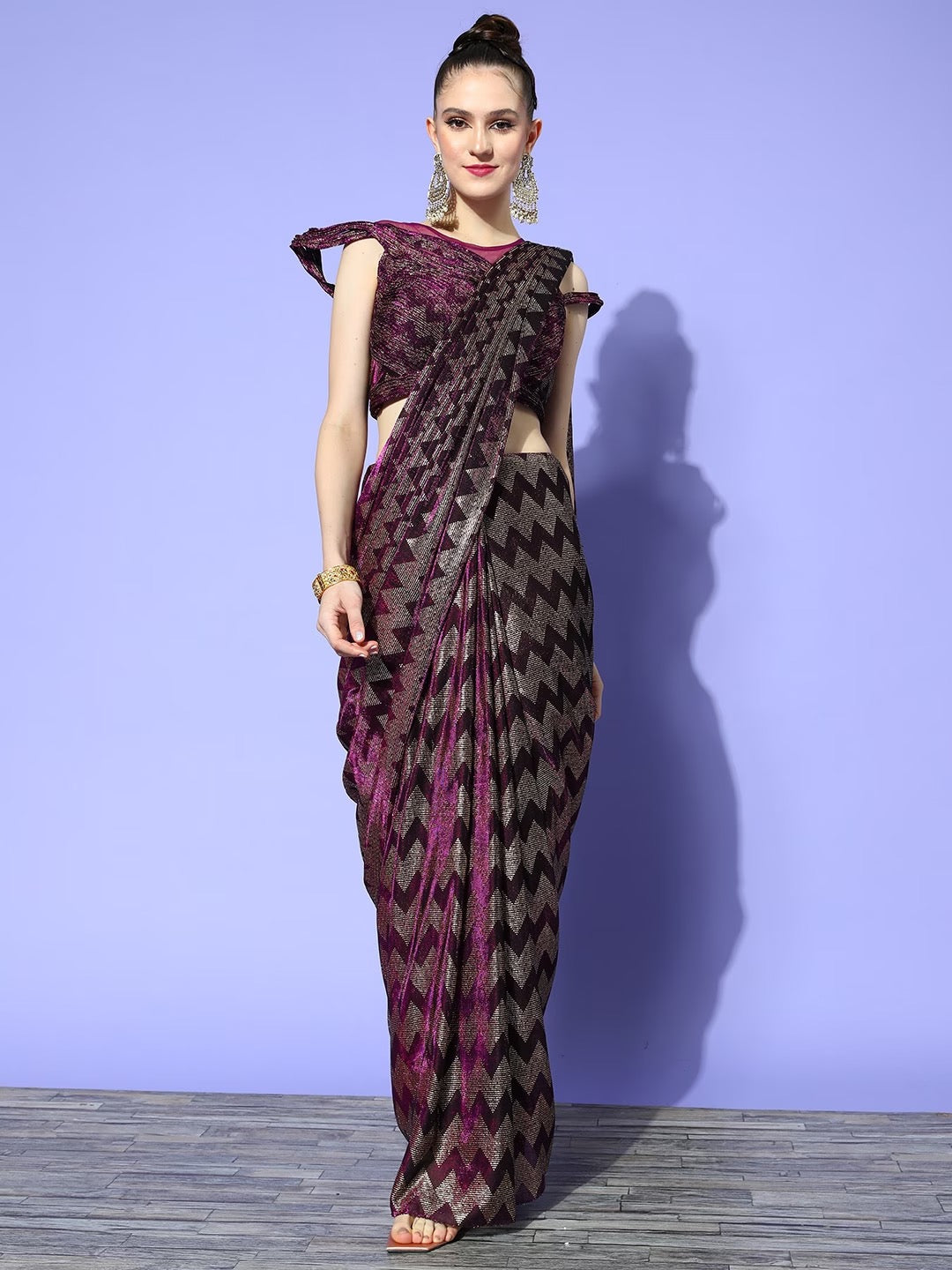 Purple Mettalic Bling Draped Party Lycra Saree with Chevron Prints