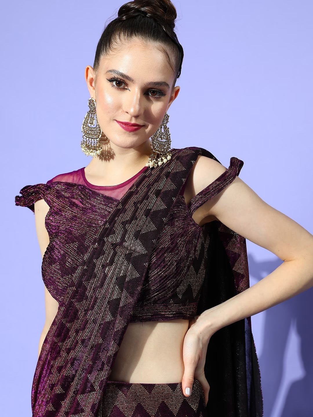 Purple Mettalic Bling Draped Party Lycra Saree with Chevron Prints