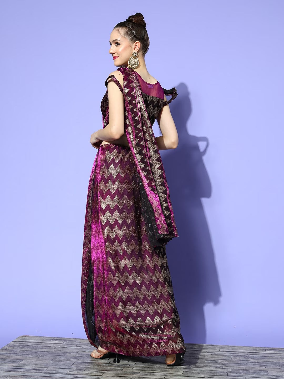 Purple Mettalic Bling Draped Party Lycra Saree with Chevron Prints