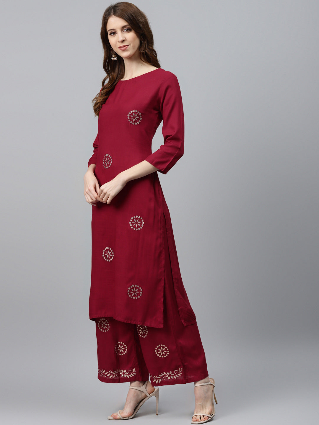 Made to Measure Maroon Jute Cotton Kurta Pallazo Set & Gotta Patti Embroidery