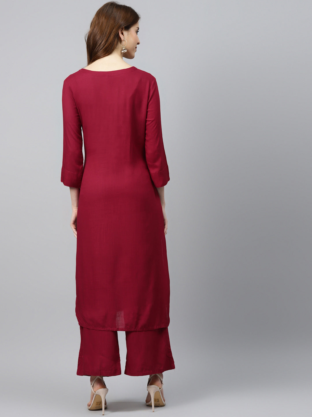 Made to Measure Maroon Jute Cotton Kurta Pallazo Set & Gotta Patti Embroidery