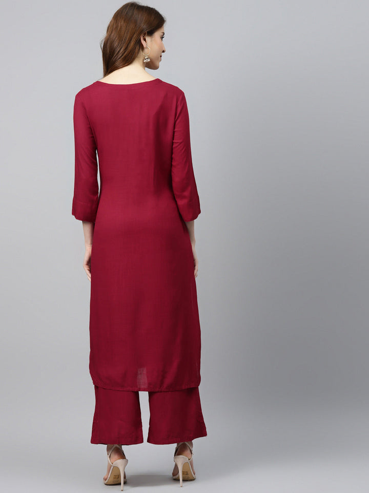 Made to Measure Maroon Jute Cotton Kurta Pallazo Set & Gotta Patti Embroidery