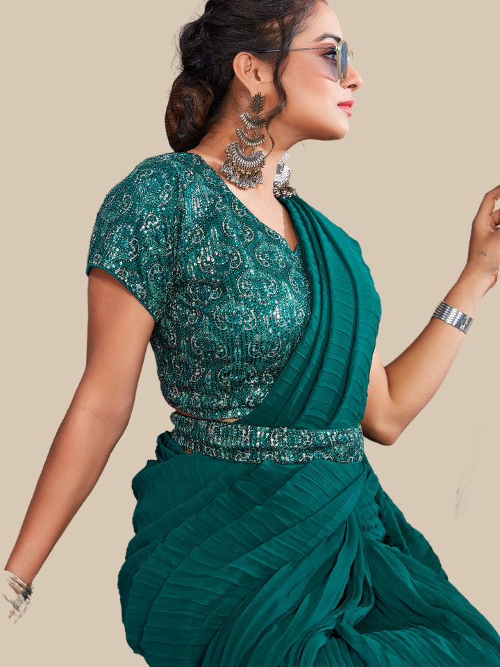 Bright Pleated Georgette Party Wear Saree With Sequin Blouse & Belt