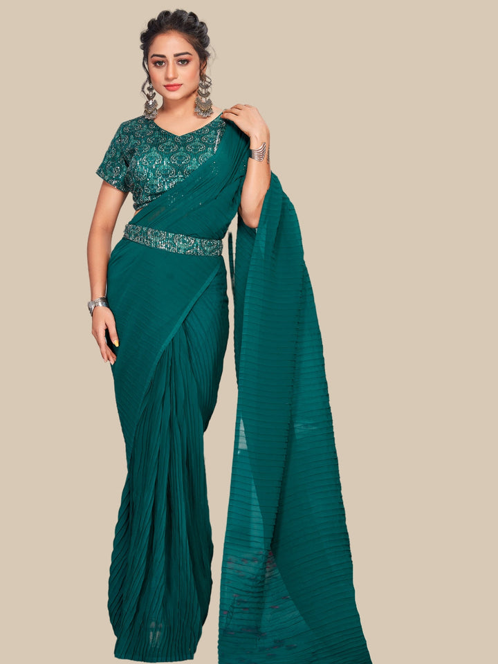 Bright Pleated Georgette Party Wear Saree With Sequin Blouse & Belt