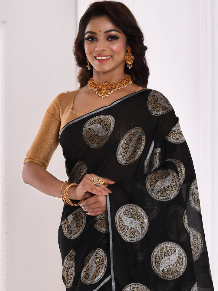 Black & Golden Silk Blend Woven Design Banarasi Saree