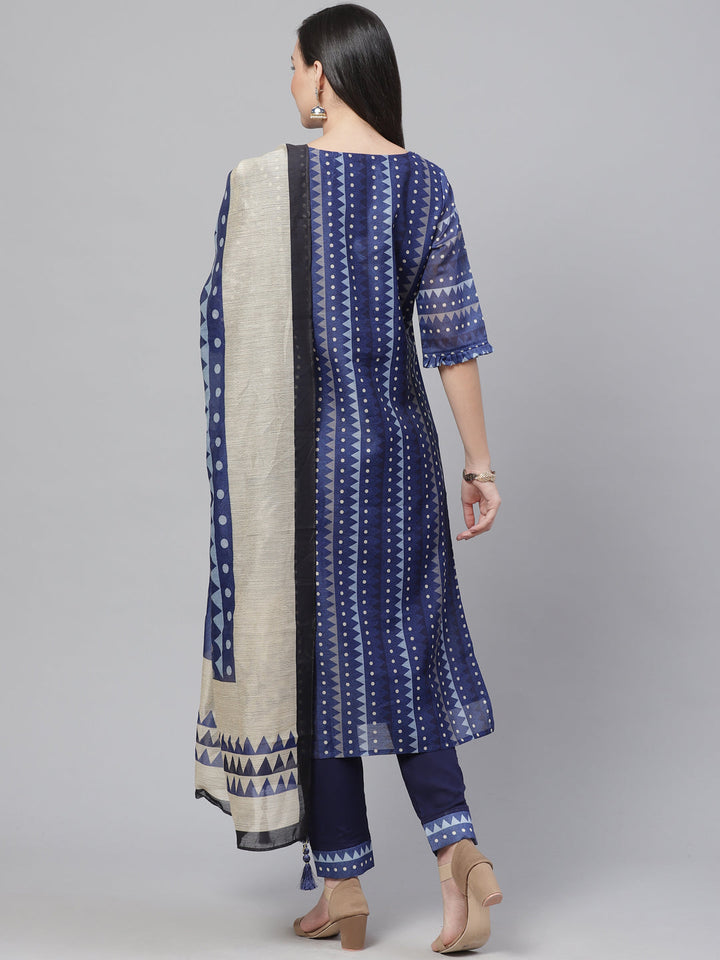 Chanderi Silk Dress Material with Digital Indigo & Indie Print with Maheshwari Dupatta