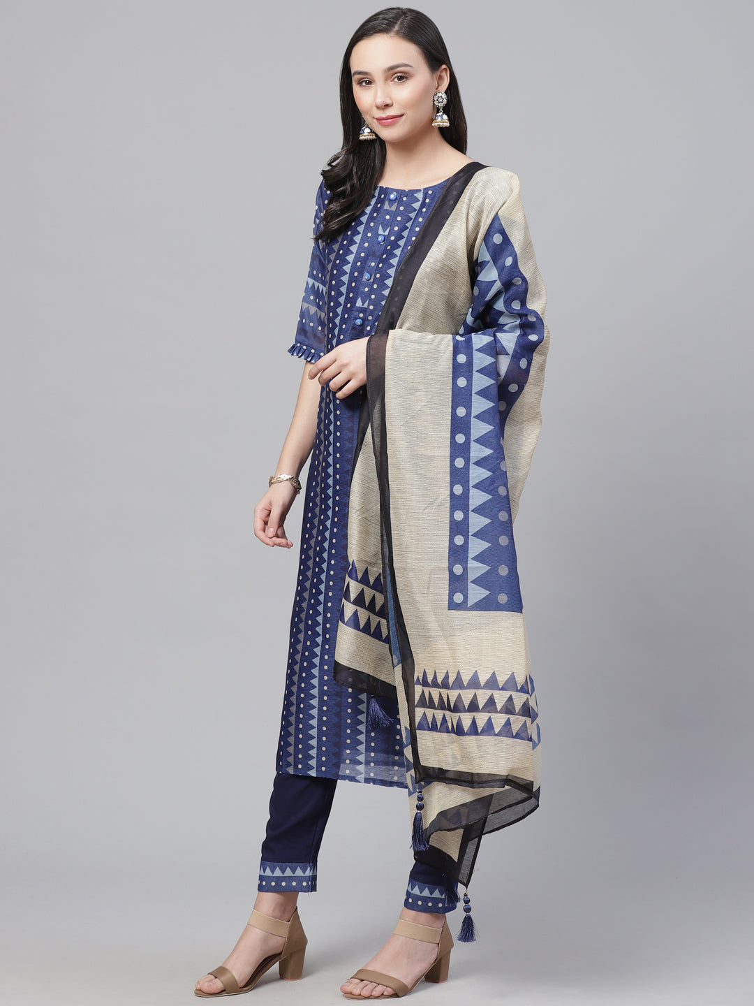 Chanderi Silk Dress Material with Digital Indigo & Indie Print with Maheshwari Dupatta