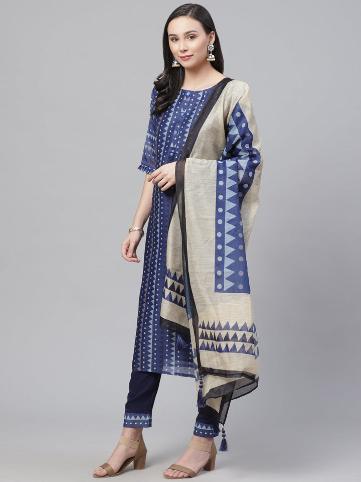 Chanderi Silk Dress Material with Digital Indigo & Indie Print with Maheshwari Dupatta