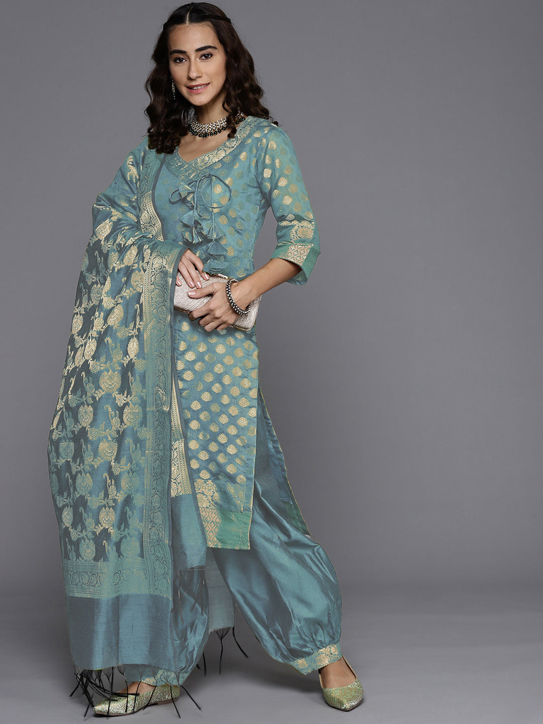 Banarasi Chanderi Silk Unstitched Suit with weaving stripes Dupatta